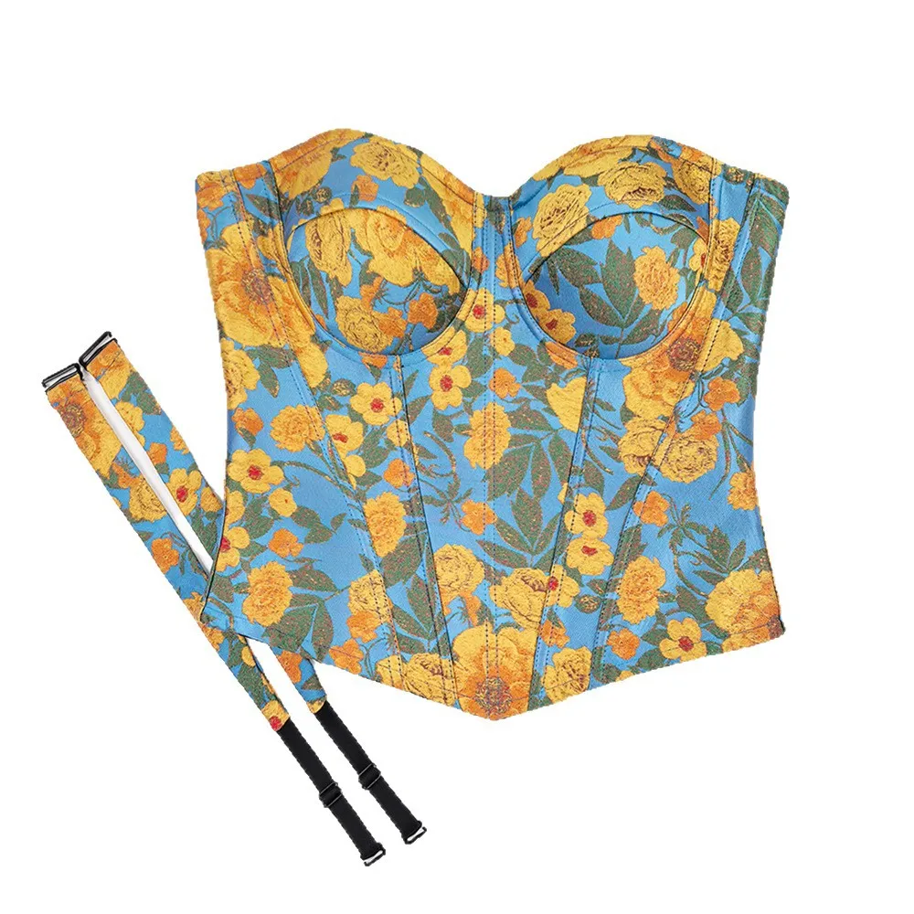 

French Cottagecore Bustier Top, Sunflower Embroidery Corset with Boning, Summer Off-Shoulder Camisole, Elegant Body Shaper
