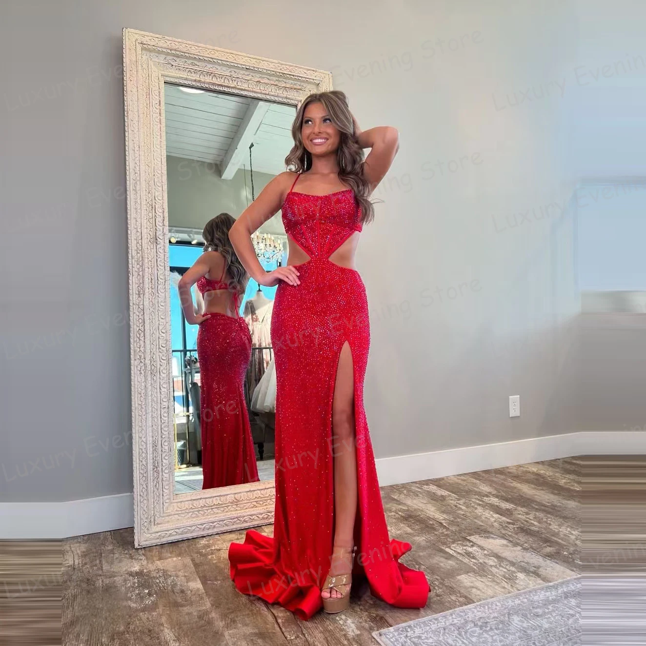 Luxury Red Evening Dresses Woman's Mermaid Prom Gowns Sexy Hollow Sequined Fashion Side Split Vestidos De Noche Customized Party