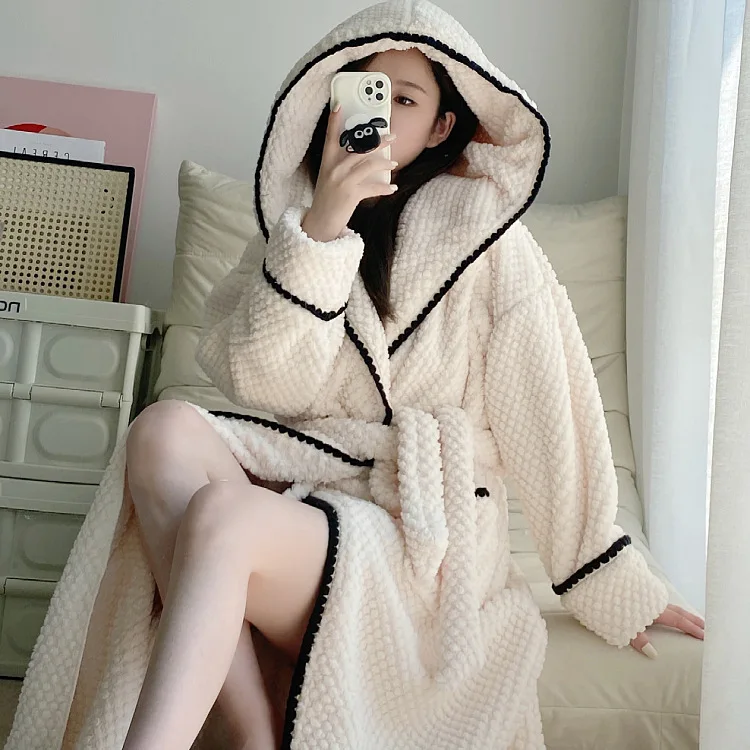 Women\'s New Winter 2022 Nightgown Thicken Warm Flannel Robes M-XL Long Sleeve Hooded Sweet Cute Nightwear Femme Homewear