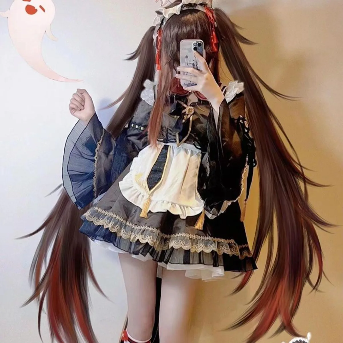 Peluca de cosplay Hu Tao de Genshin Impact con dos colas y degradado rojo-marrón, peluca completa liviana