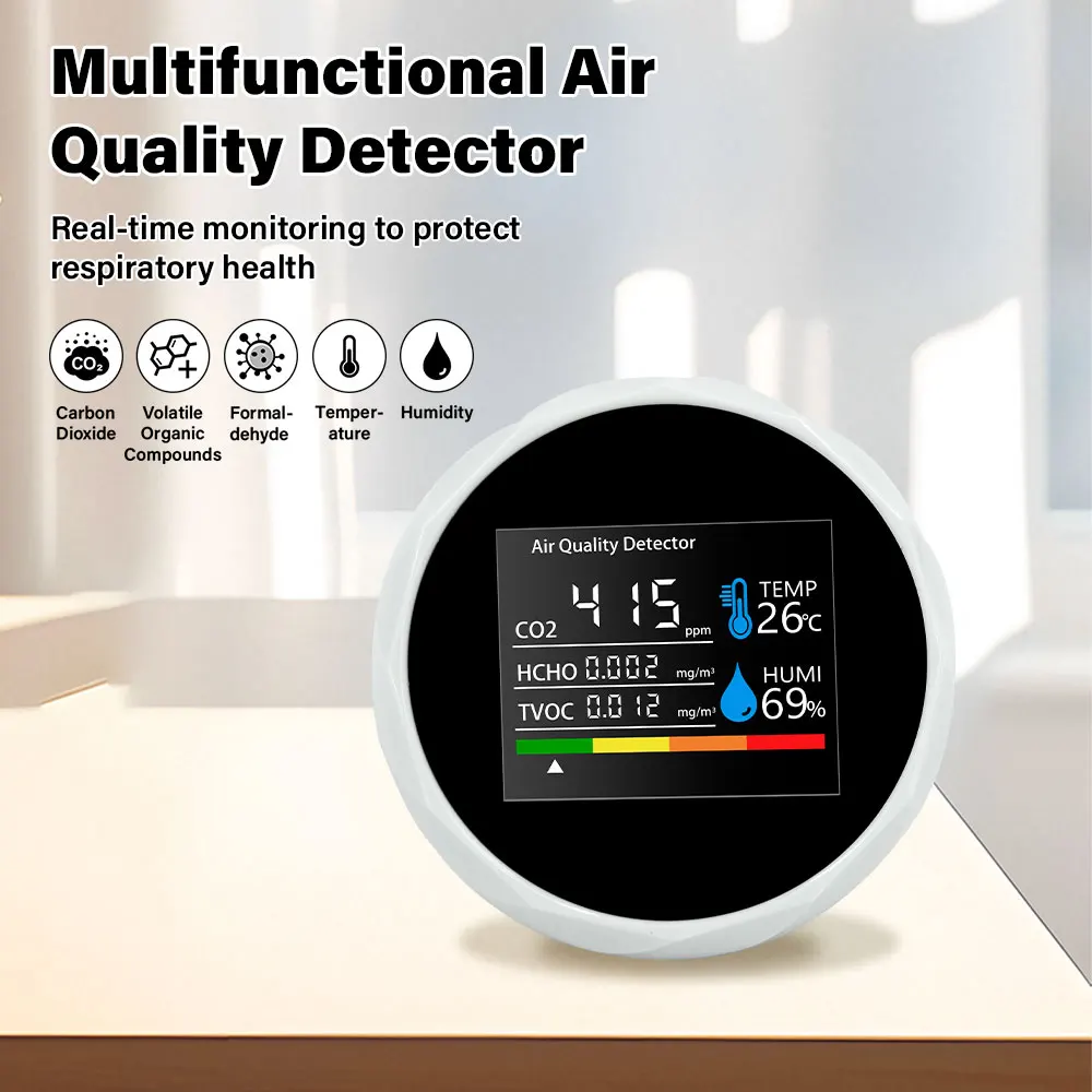 Air Quality Detector 5 in 1 CO2 TVOC HCHO Detection - Digital Temperature Humidity Monitor for Home Office & Indoor Air Analysis