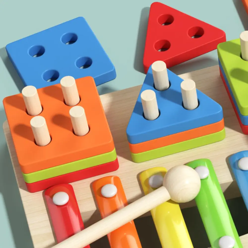 Gioco educativo di abbinamento di forme geometriche Esercizio pratico Ordinamento dei colori Apprendimento precoce impilato geometrico in legno 5 in 1