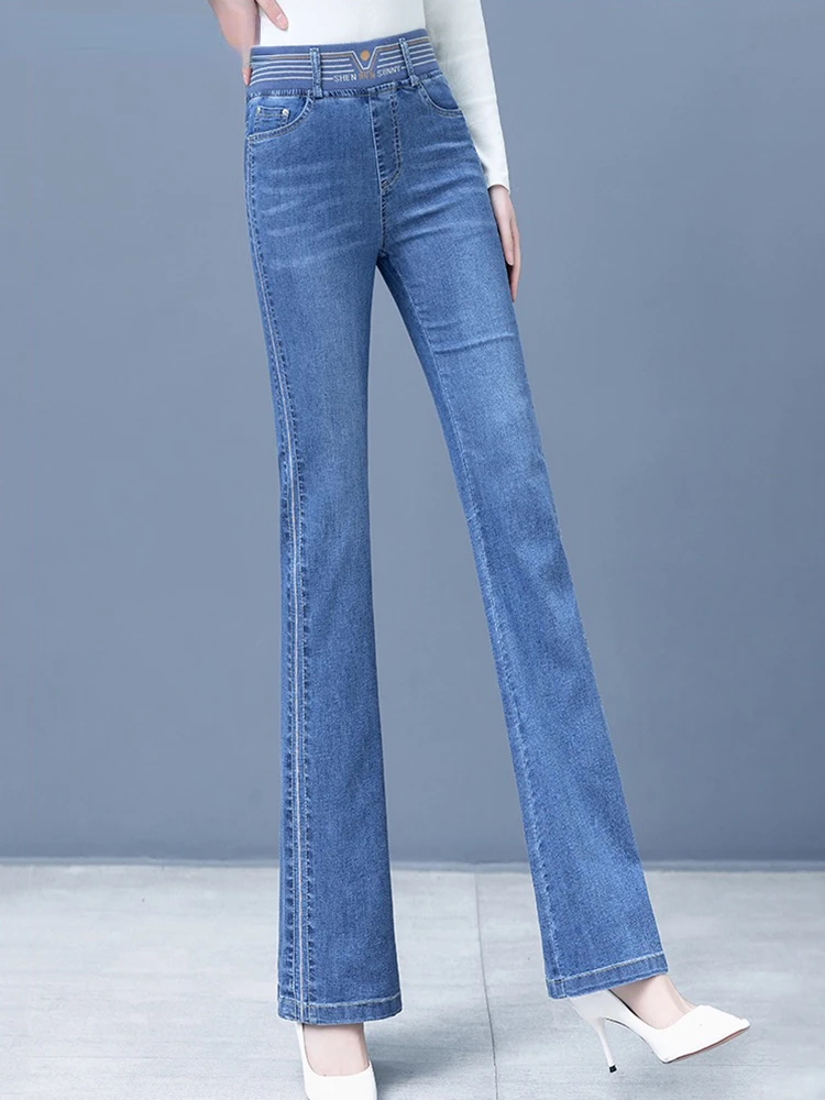 Jeans svasati coreani a vita alta per le donne nuovi pantaloni in Denim Slim ricamati Casual primavera autunno Pantalones Stretch Straight Vaqueros