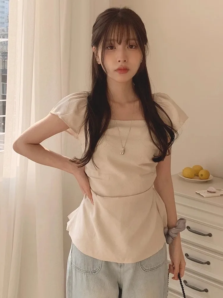 

Sweet Versatile Women's irt Summer Pure Color Bal Waist-Cinching Square Collar ort Sve Fly Sve Blouse