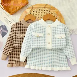 Bear Leader Kids Clothes Girls Winter Knitted Set Checkered Printed Single Breasted Cardigan+Short Skirt Children's Sets