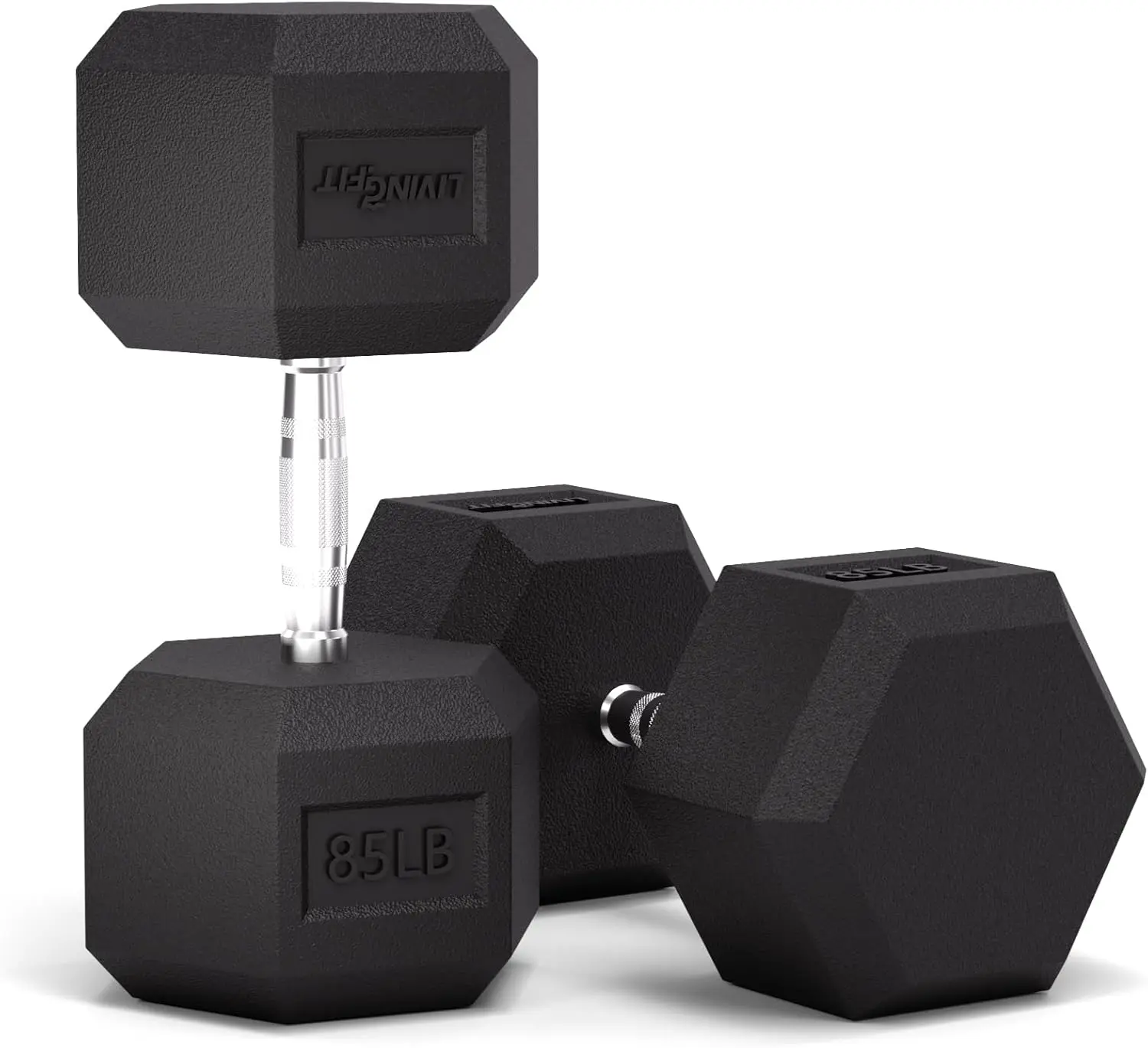 

Living.Fit - Pair of Rubber Encased Exercise & Fitness Hex Dumbbell Hand Weights. 5-100 LB Dumbbell Sets for Strength Workouts.