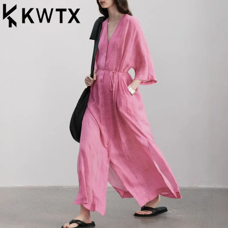 

KWTX Women’s Magenta Ramie Lightweight Trench Coat V-Neck Tie-Waist Resort Elegant Luxury SS25 Minimalist Chic Premium Designer