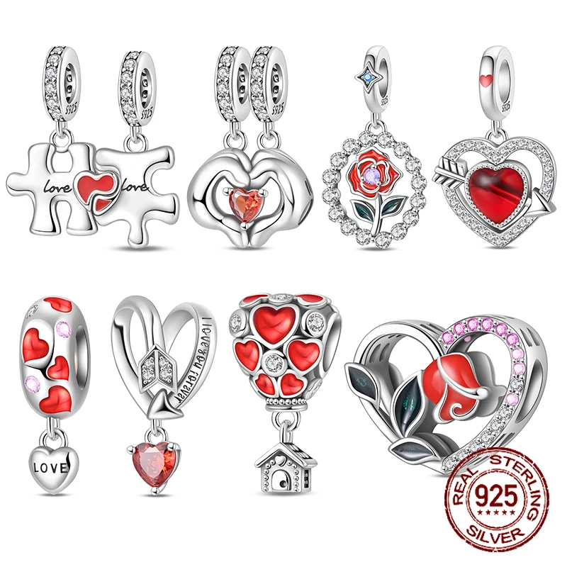 

925 Sterling Silver Sweetheart Rose Red Hot Air Balloon Beaded Love Charms Fit 925 Original Bracelet Jewelry Making Women Gift