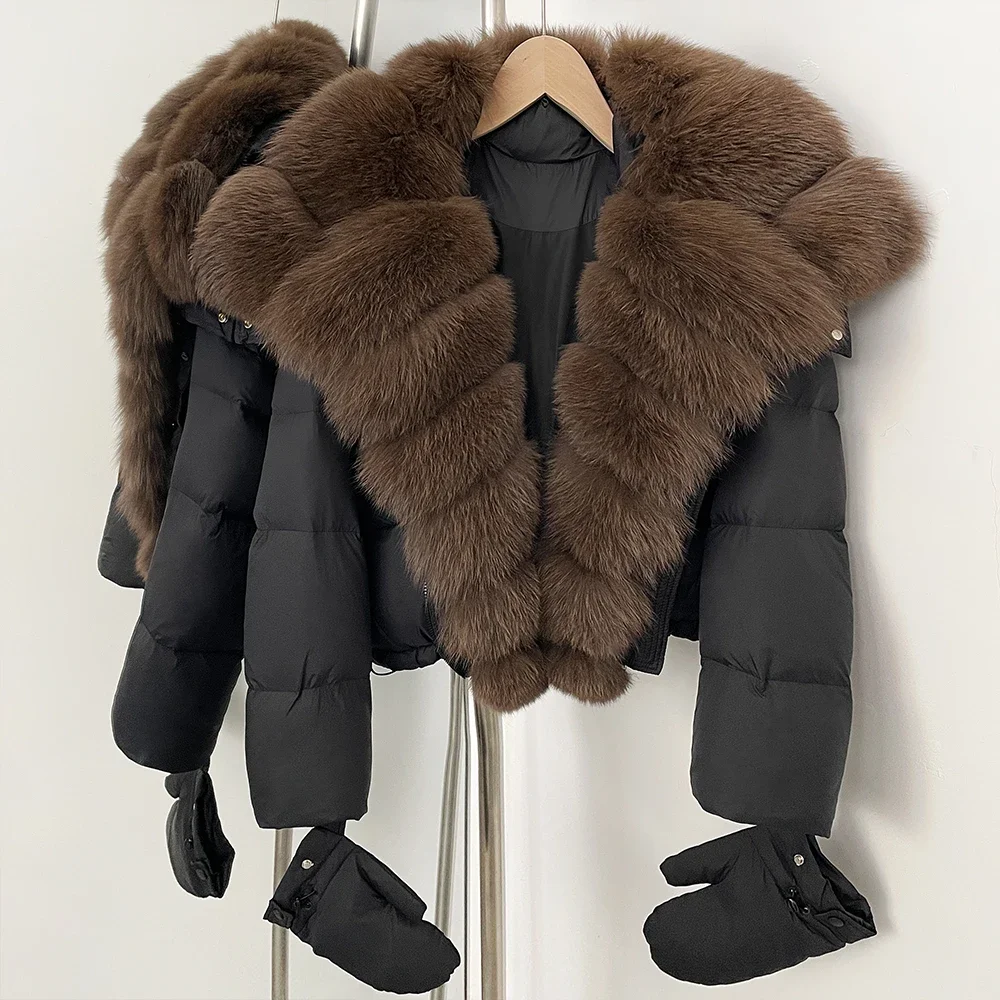 معطف فرو الثعلب الحقيقي قصير الفراء الطبيعي المرأة رقيق مقنعين جديد كبير سترة منفوخة دافئة الخريف الشتاء ملابس خارجية الإناث أسفل معطف #3