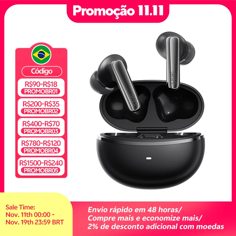 QCY MeloBuds N70 Fones de ouvido sem fio ANC Bluetooth 6.0 com cancelamento de ruído adaptativo LDAC, áudio de alta resolução, 6 microfones ENC, 50 horas de reprodução, carregamento sem fio, detecção intra-auricular