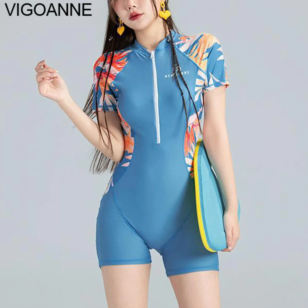 VigoAnne Print Patchwork Swimwear Women 2025 Sports Short Sleeve One Piece Swimsuit Korean Monokini  Flat Angle Bathing Suit