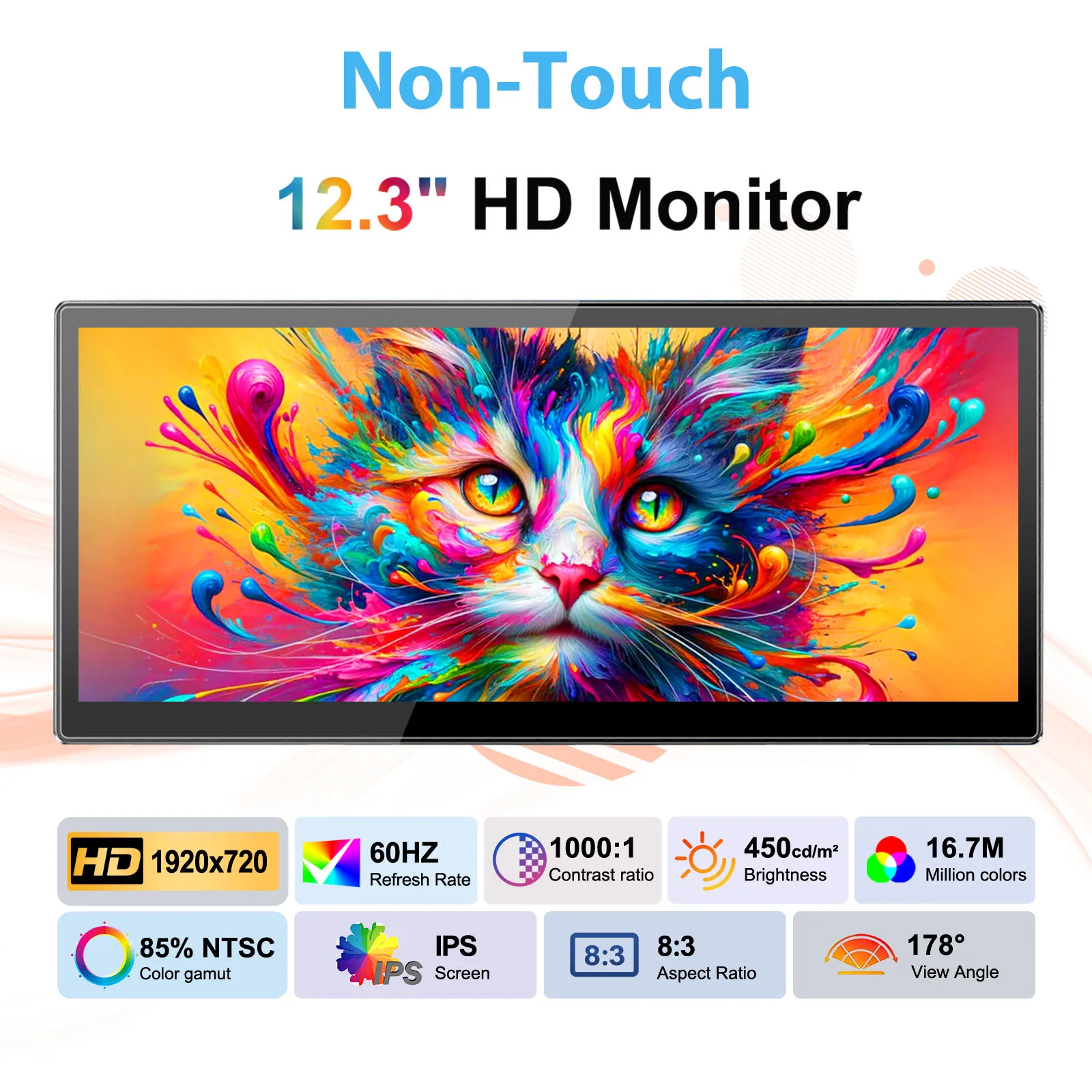 MISSUN 12,3 inch touchscreenmonitor voor gaming, 1920x720 8:3 60Hz, HDMI USB-C Type-C VESA 75*75mm voor laptop pc-computerdisplay