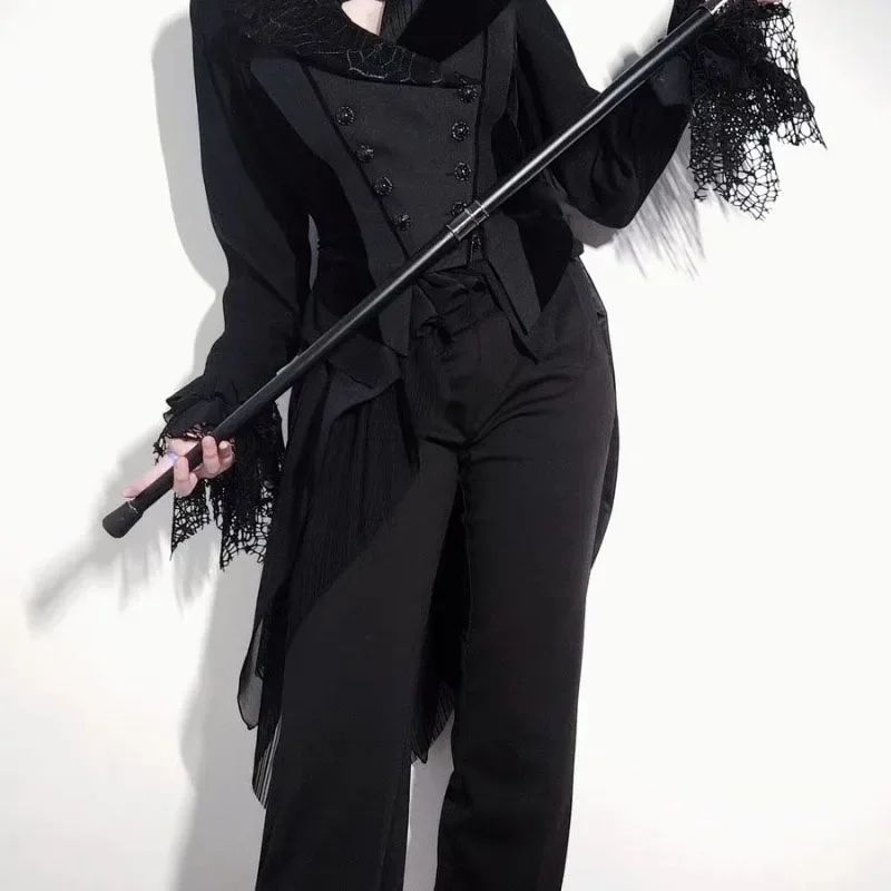 Camisa negra Vintage japonesa con cuello en V para Mujer, Blusas góticas subcultura Y2k, Blusas combinables de Lolita, Tops negros Punk estilo Mujer