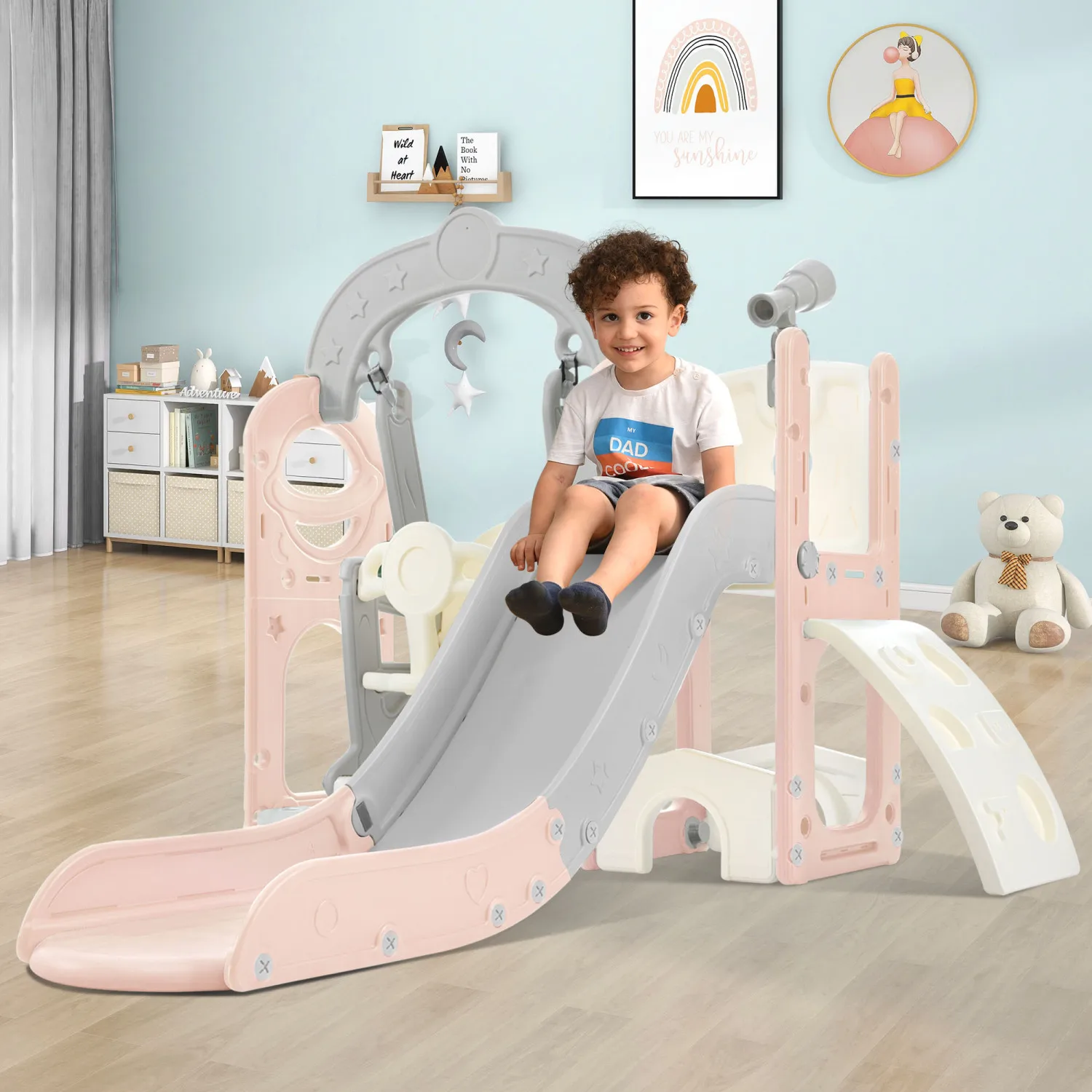 5-in-1 Toddler Slide and Swing Set with Climber, Telescope - Indoor & Outdoor Kids Playground