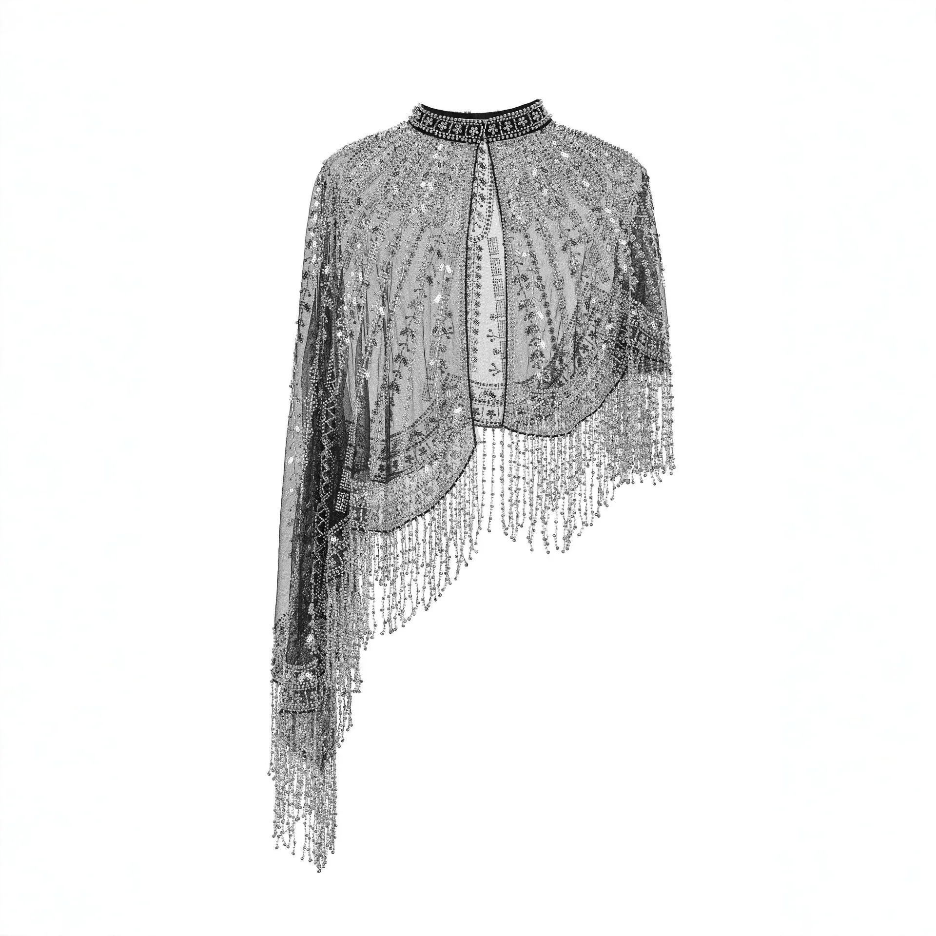 Vintage Sequined Bead Tassel Fringe Shoulder Cape, Women Elegant Banquet Party  Cover Up, Formal Occasion Versatile Bolero Shawl
