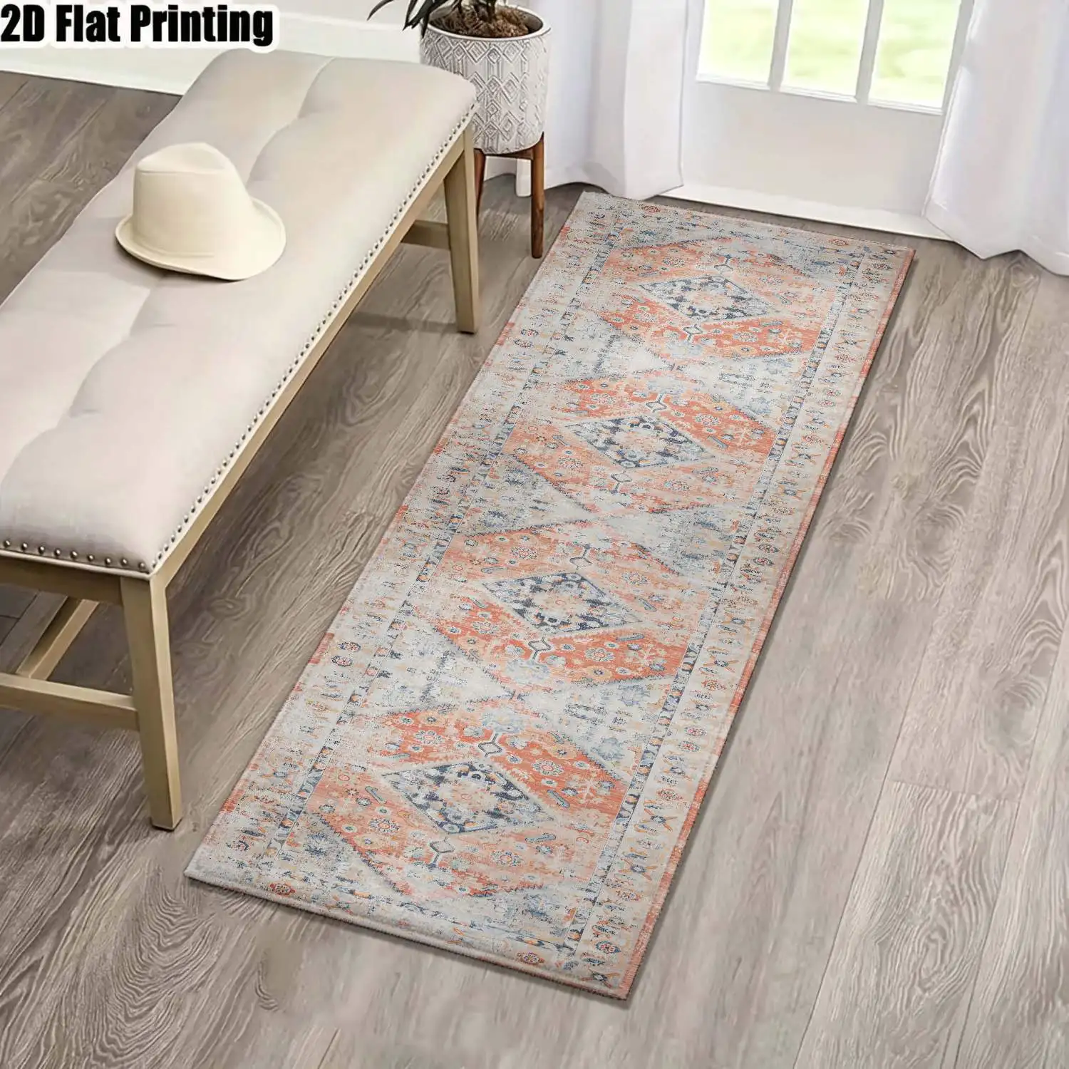 1Pc 2D Printed Long Strip Rug, Pink Blue Geometric Patterns Nordic/Instagram/Modern Minimalist/Vintage Style, Multi-Size, Machine Washable, for Entrance, Corridor, Living Room, Bedroom Home Decor