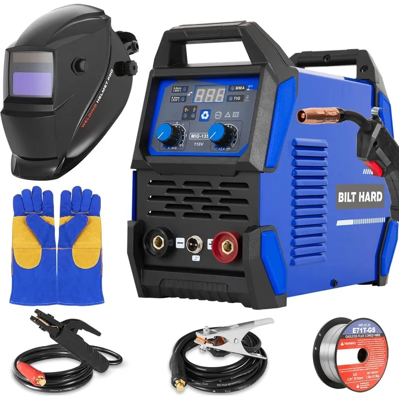 

BILT HARD 135A 3-in-1 IGBT Inverter Welder, 110V Flux Core MIG/Lift TIG/Stick Welding Machine with Synergic Control, LED Display