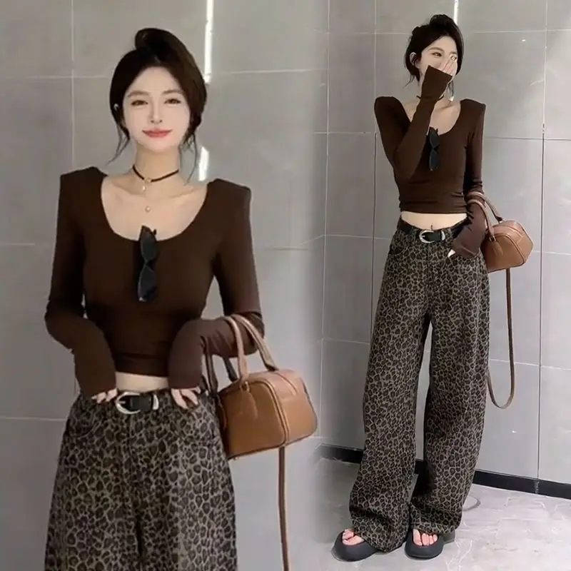 

Spring New Design Sensation Women's Slim Fit Shoulder Pad Long Sleeve Top Leopard Print Floor Length Wide Leg Pants Set