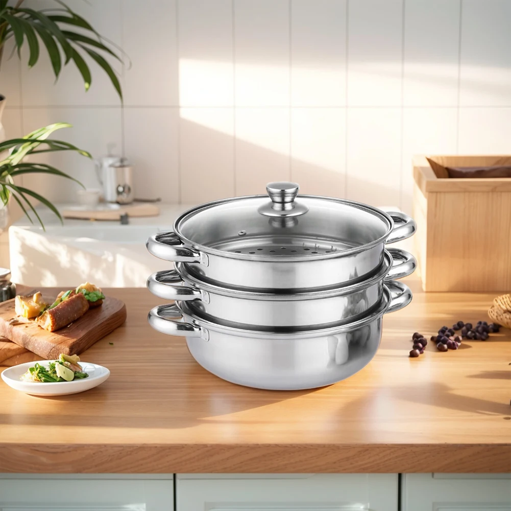3 Tier Food Steamer with Lid Stainless Steel Steamer Cooker Steamer Pot for Cooking for Vegetable Dumpling Stock Sauce Food