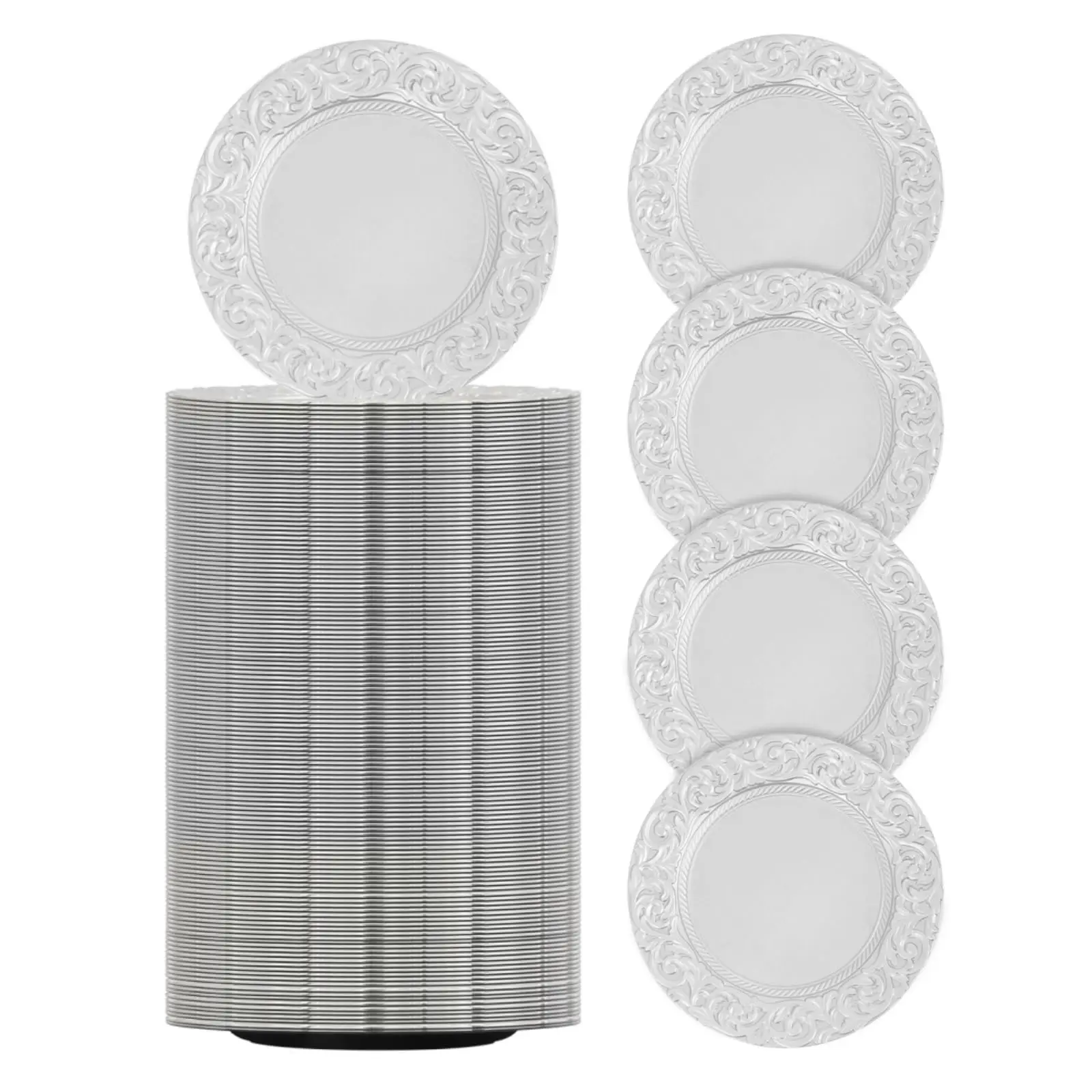 

150 Pcs Charger Plates 13 Inch Silver Plastic Dinner Plate Chargers Bulk with Floral Reef Design for Wedding Party Event Table S