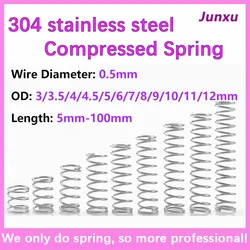 Mola de compressão de aço inoxidável pequena, micro, OD 3/3, 0,5mm, 10-20pcs por lote 5/4/4.5. Comprimento 5mm a 100mm, 5/5/6/7/8/9/10/11/12mm