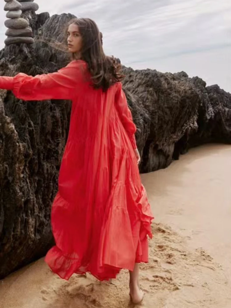 Vestido con cordones de un solo pecho con solapa, vestido camisero de primavera 2025, vestido hinchado suelto plisado multicapa a la moda