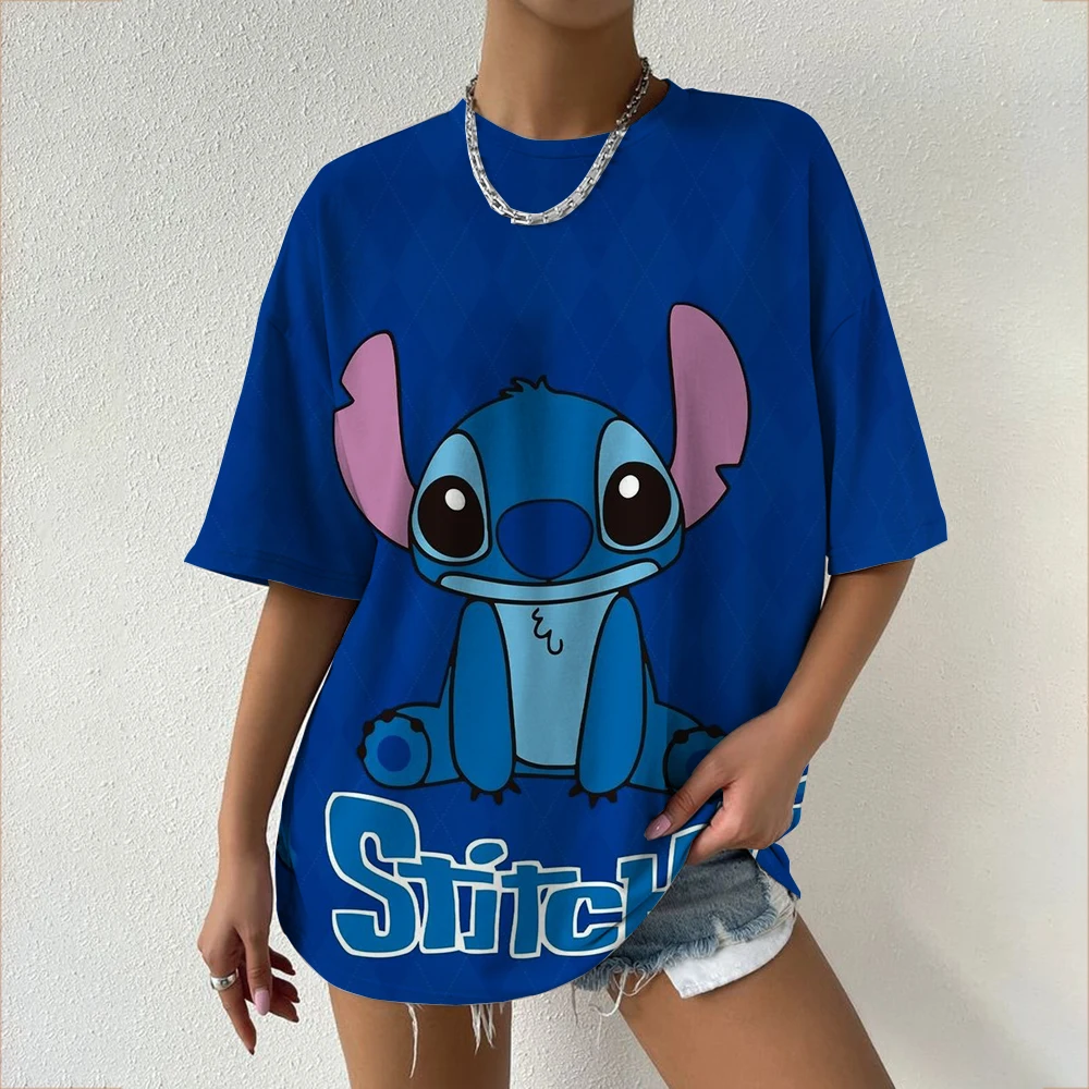 Disney Lilo en Stitch T-shirts voor dames Zomer Casual T-shirt met kleurblokken Leuke cartoonkarakterpatroon Oversized top