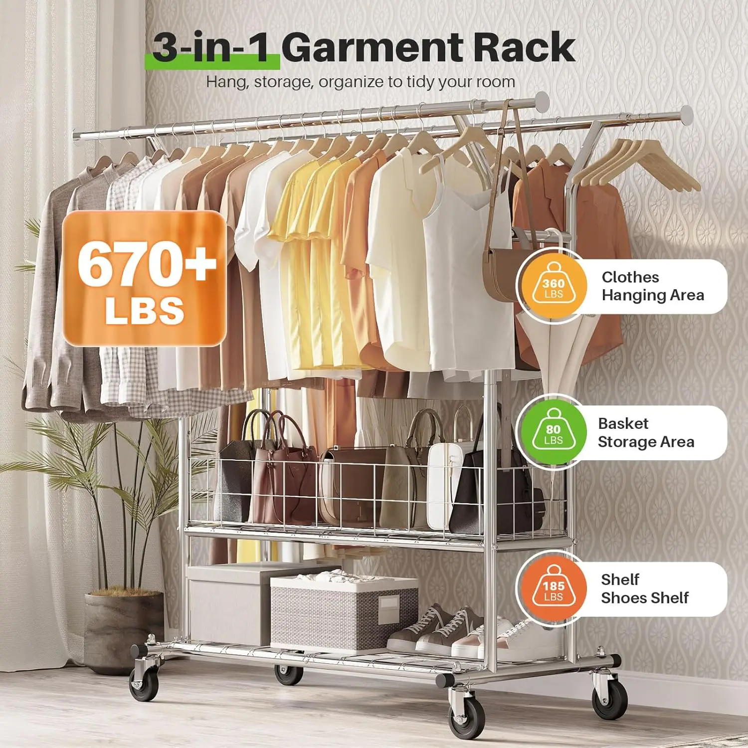 Clothes Rack Clothing Rack Heavy Duty Clothes Rack for Hanging Clothes Adjustable Rolling Garment Rack