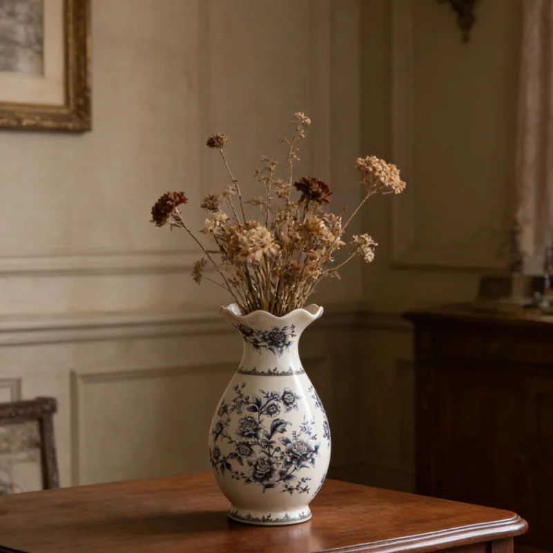 American-style light luxury ceramic vase, new Chinese-style blue and white living room vase for dry flower arrangement