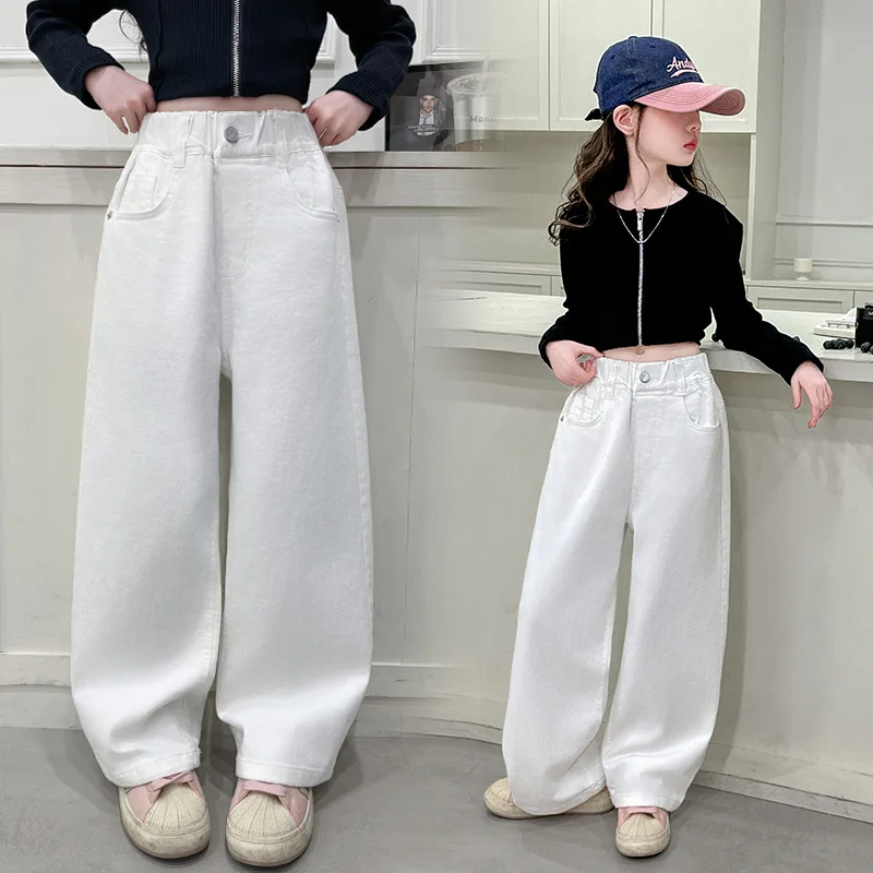 Children Vintage White Straight Jeans with Bows For Girls New Spring Slim Loose Denim Pants Kids Teenager Casual Jeans Trousers
