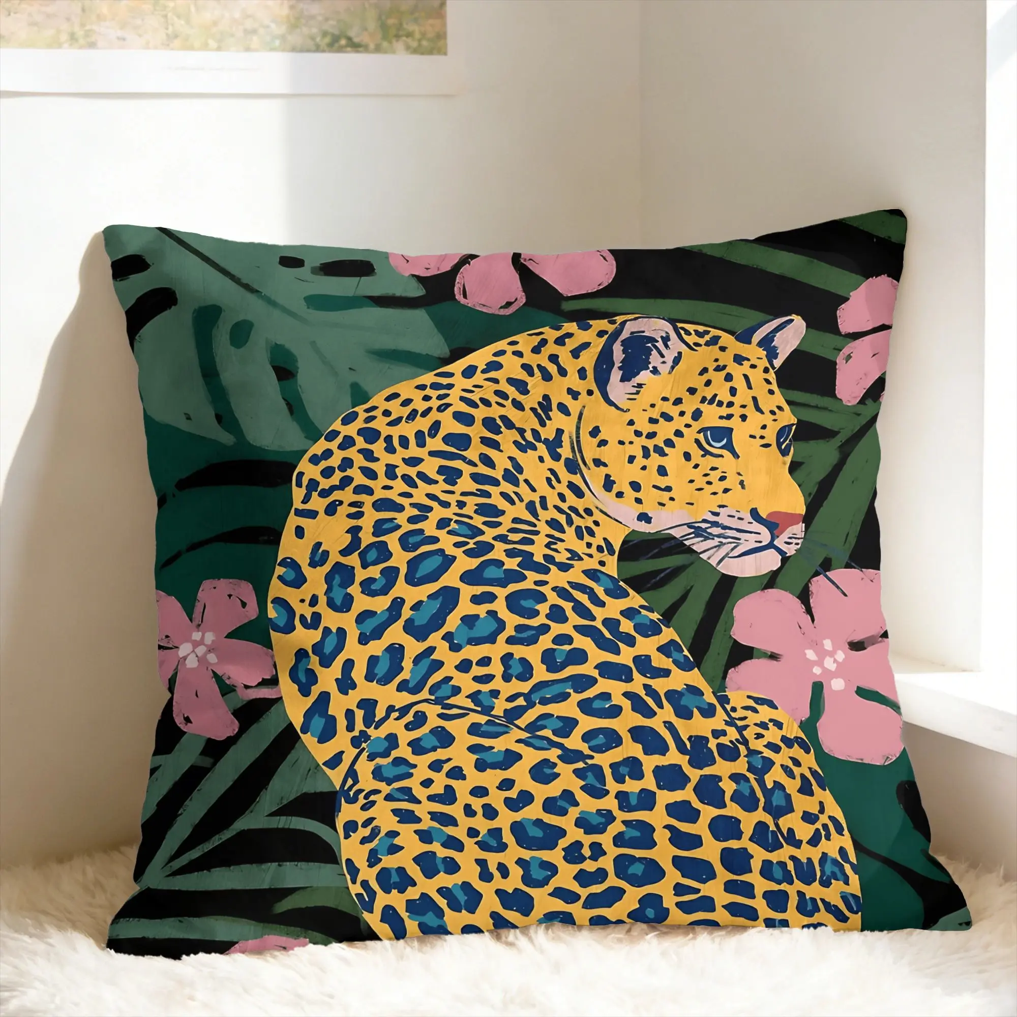 Leopard & Tropical Floral Pillow Cover  Comfy Cushion Cover Morden Pillow Case For Sofa Home Decoration