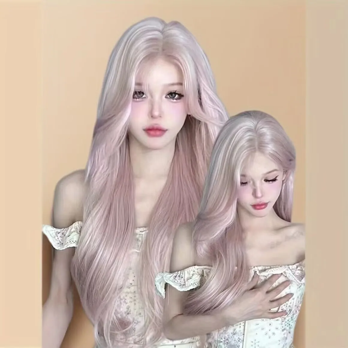 

Пышный розовый парик в стиле корейских гёрл-групп, длинные волнистые волосы, полностью синтетический парик в японском стиле.