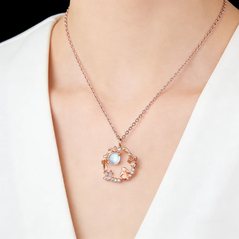 

Новое колье-подвеска «Кролик» для женщин, из стерлингового серебра, оригинальный нишевый дизайн, в китайском стиле, с лунным камнем, подвеска-цепочка для свитера, символ года по зодиаку