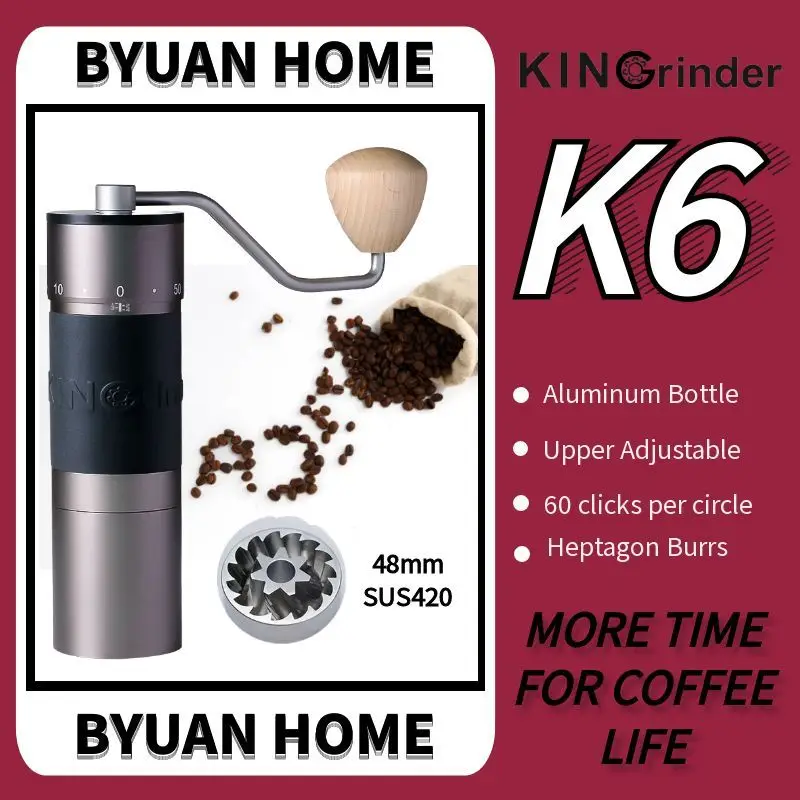 Moedor de Café Manual K6 Kingrinder com Ajuste de Moagem, Moedor K6 com Revestimento de Titânio em Aço Inoxidável de 48mm