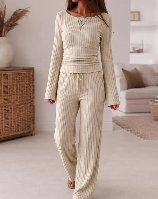 Two Piece Set Women Outfit 2026 Spring Autumn New Ribbed Knit Boat Neck Flare Sleeve Ruched Top & Casual Wide Leg Pants Set