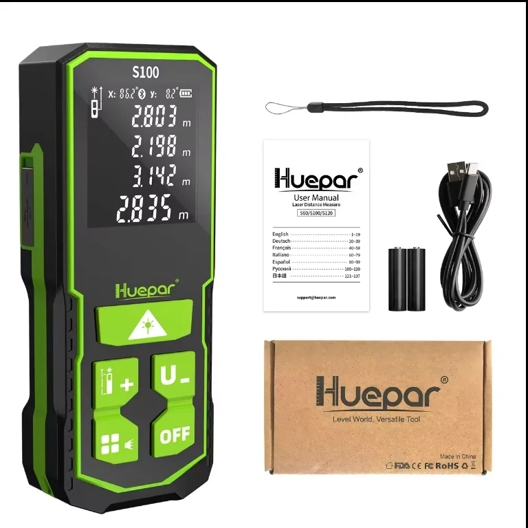 

Huepar S100-G Мини Ручной Цифровой Зеленый Лазерный Дальномер 100 м Перезаряжаемая батарея Порт типа C