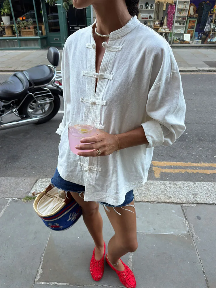 HH Women Summer White Frog Button Long Sleeve Shirt Stand Collar Loose Fit For Holiday Gathering Beach Vacation Party Wear