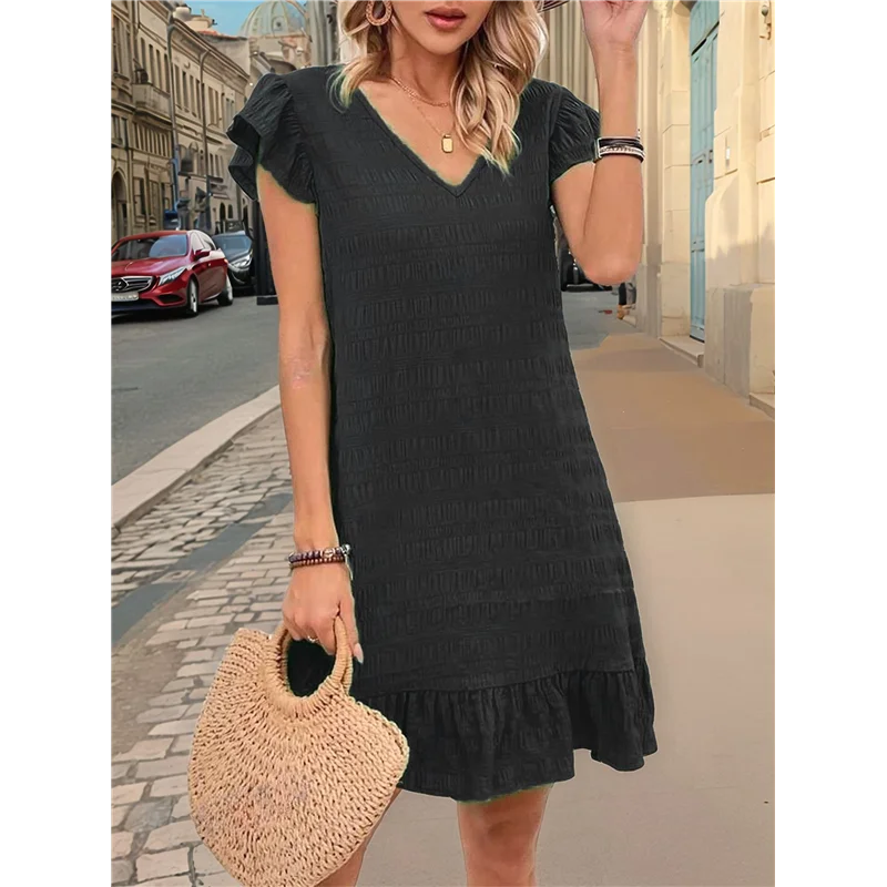 ABRT-Summer Dresses For Women V Neck Cap Sleeve Ruffle Hem Smock Short Dress