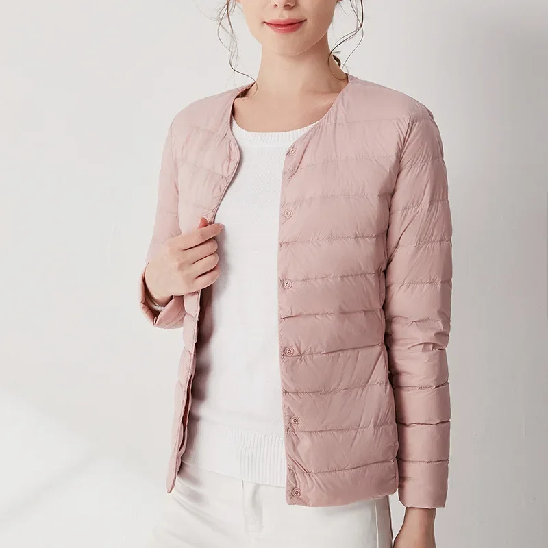 2025 New Women Liner Duck Down Jacket O-neck Variable V-neck Female Fall Spring Autume Collarless Light Quilted Puffer Coat