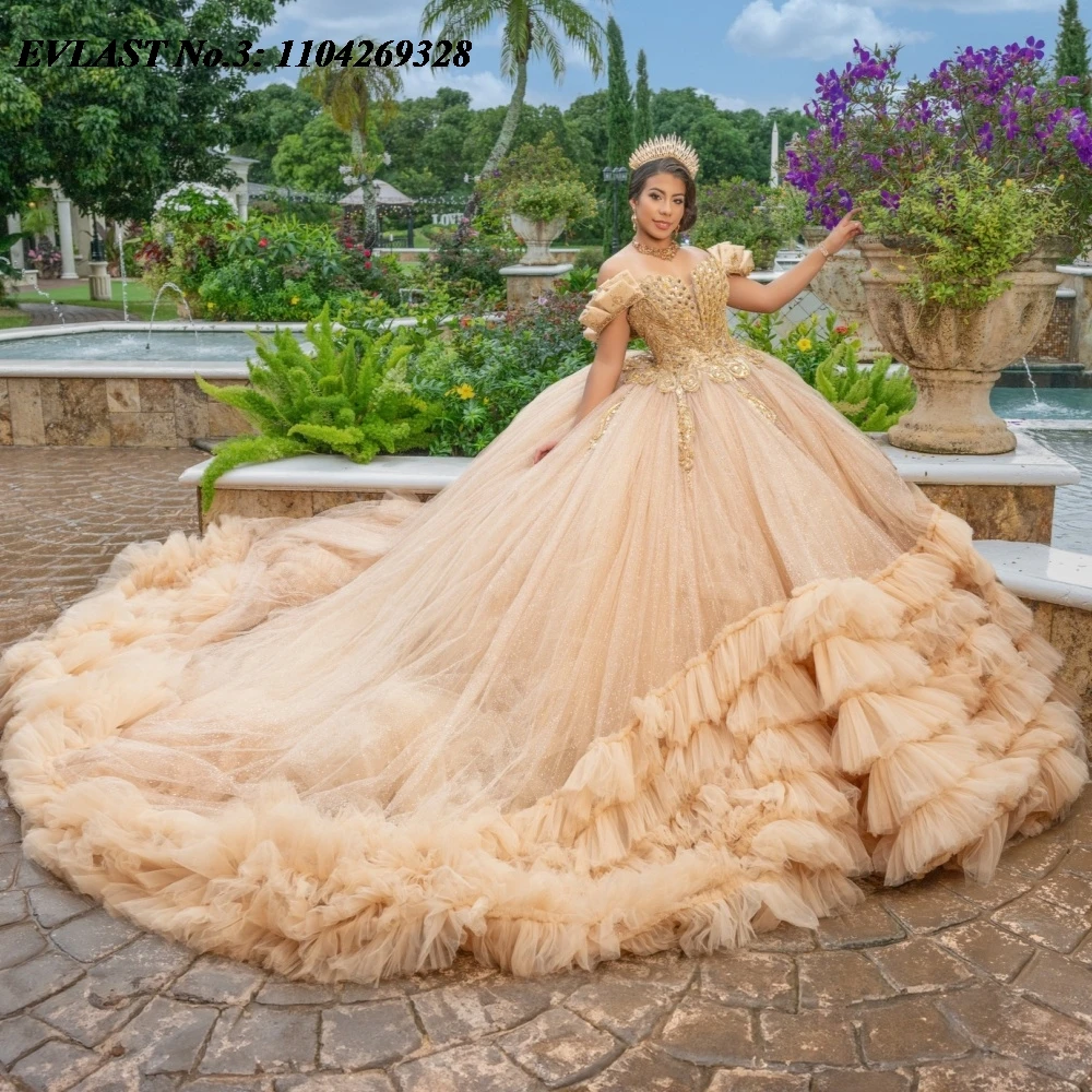 

EVLAST Customized Glitter Champagne Quinceanera Dress Ball Gown Gold Lace Applique Beading Sweet 16 Vestidos De 15 Anos E3Q800