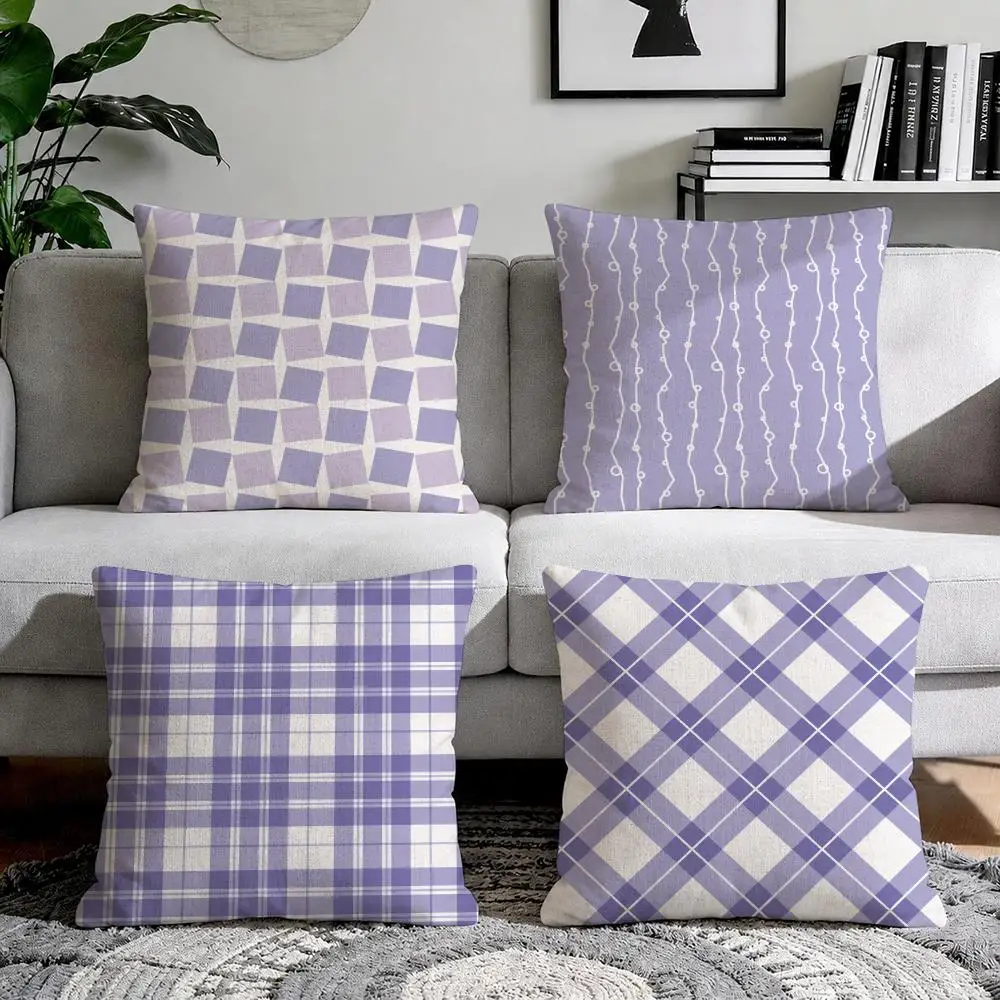 Simple purple plaid print Cushion Cover Natural Breathable Durable Linen Printed Decor Pillow Case Sofa Bedroom