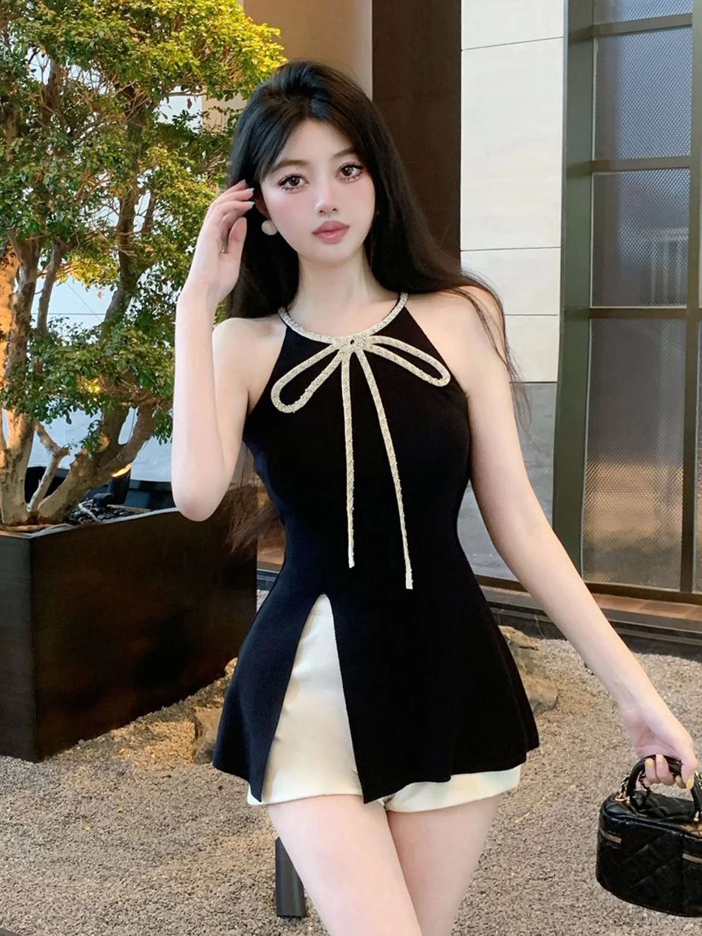 Korean Style  Knot Diamond Embedded Neck Hanging Strap Vest Women's Slim Fit Sleeveless Split Knitted Top