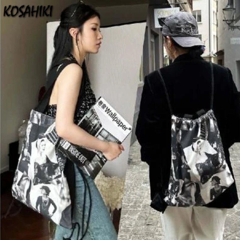 

Harajuku Women Grunge Shoulder Underarm Bag Y2k Aesthetic Women Casual Shopping Canvas Bags Vintage Drawstring Pleated Handbags