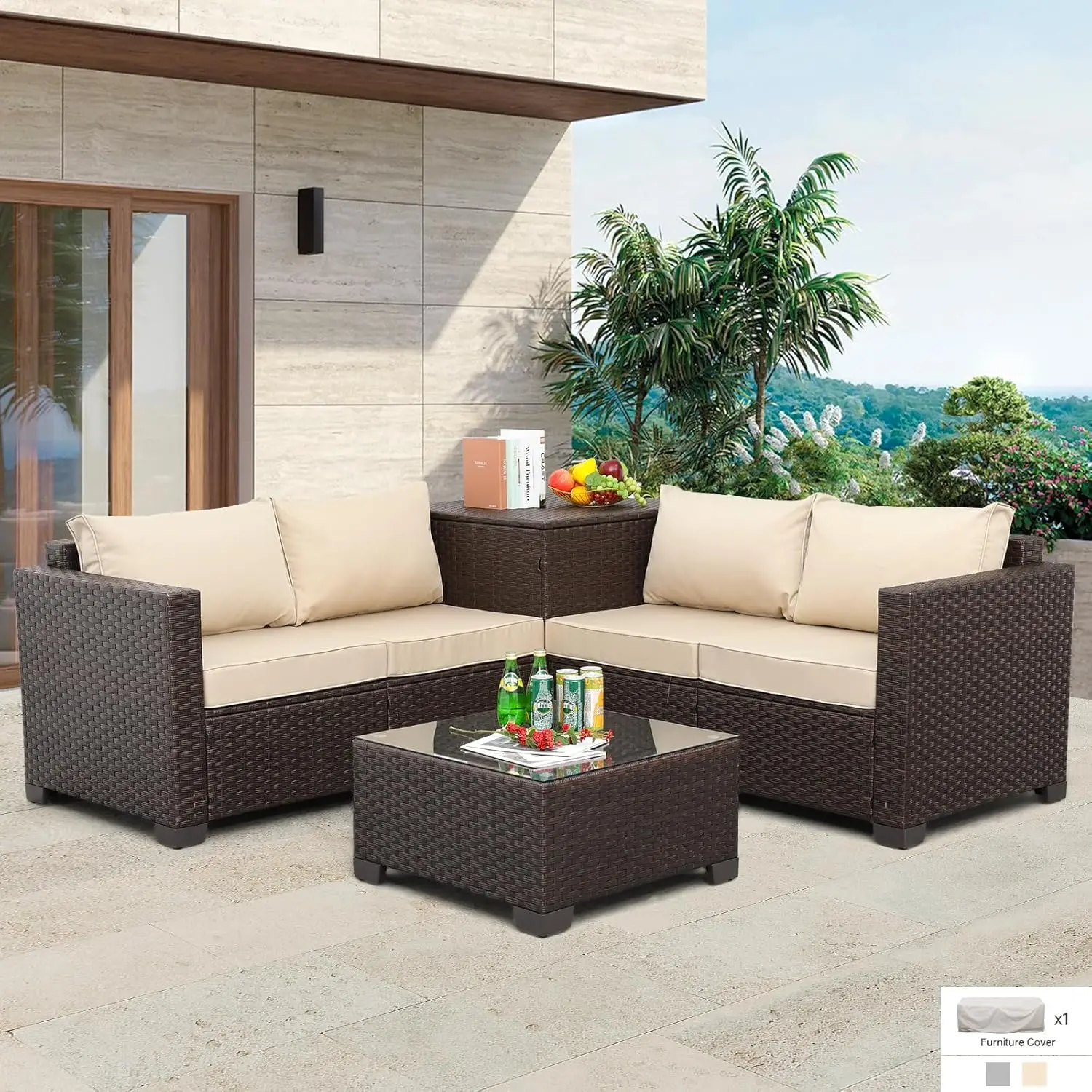 Patio PE Wicker Furniture Set 4 Pieces Outdoor Brown Rattan Sectional Conversation Sofa Chair with Storage Box Table