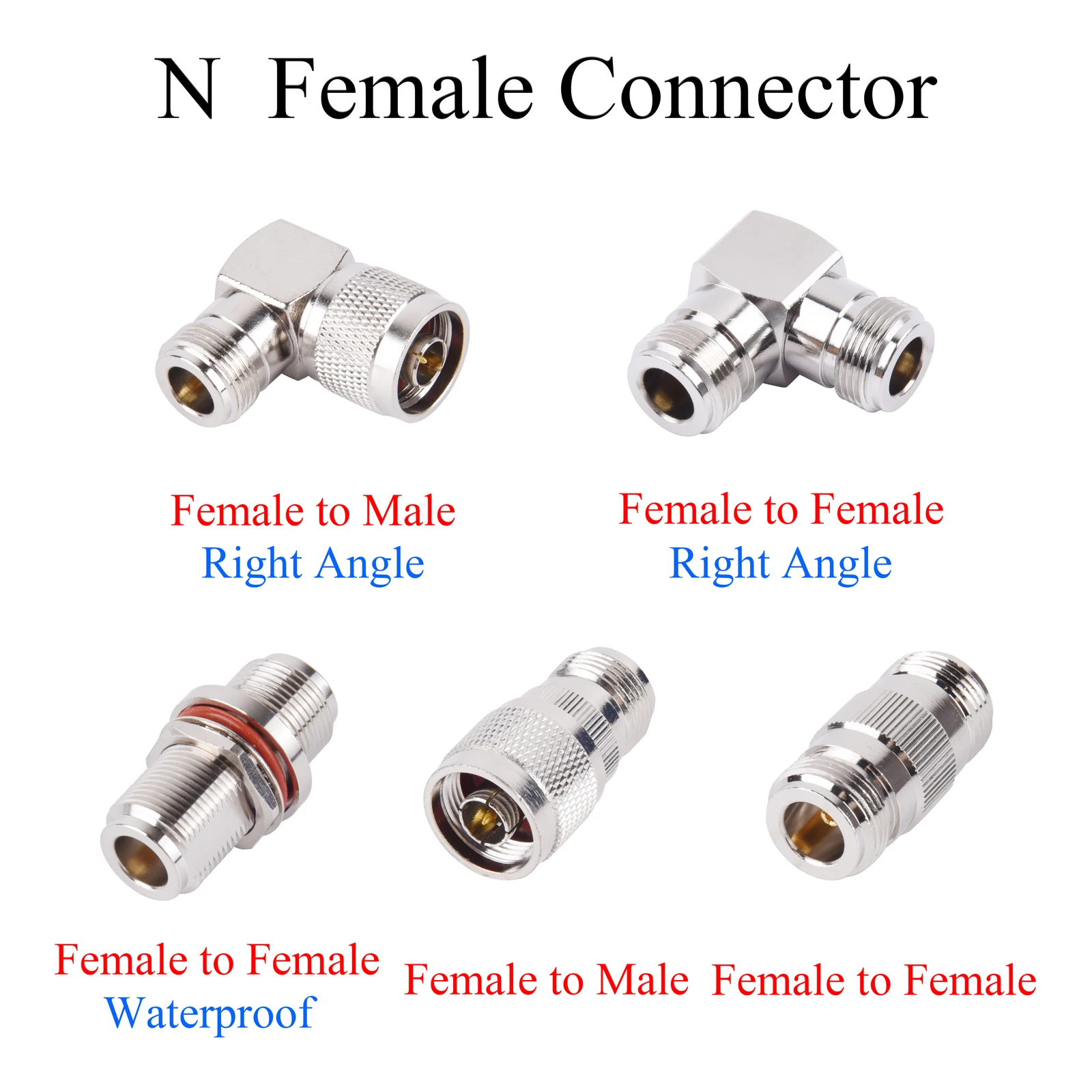 Conector coaxial RF N Fêmea para plugue macho, adaptador Jack, ângulo reto, uso para repetidor de TV, antena, impermeável, 5pcs