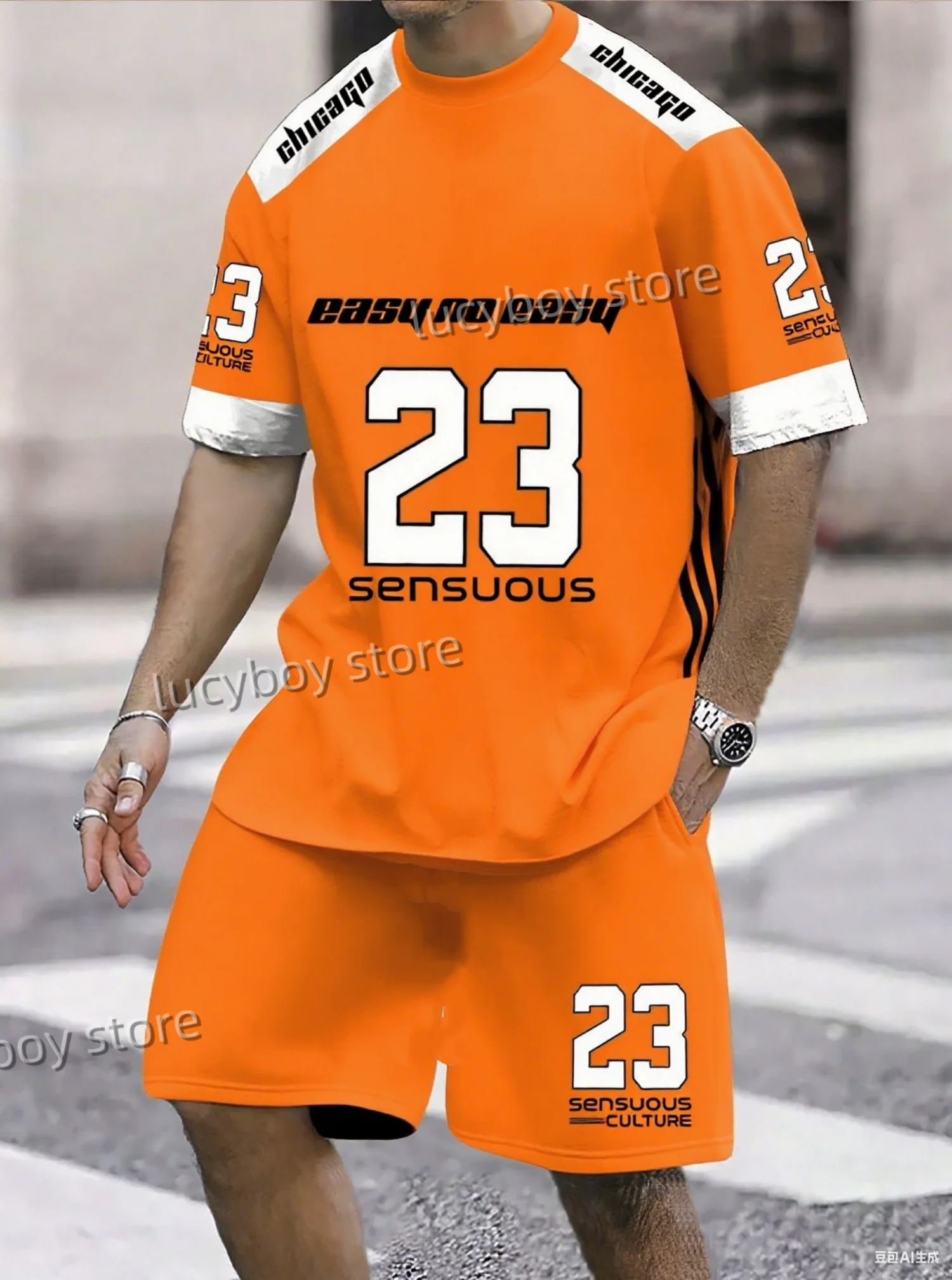 Summer Men EASY TO EASY 23 Print Set Short Sleeve T-Shirt Shorts Set Adult Sport Jogging Plus Size Tracksuit 2 Piece Set