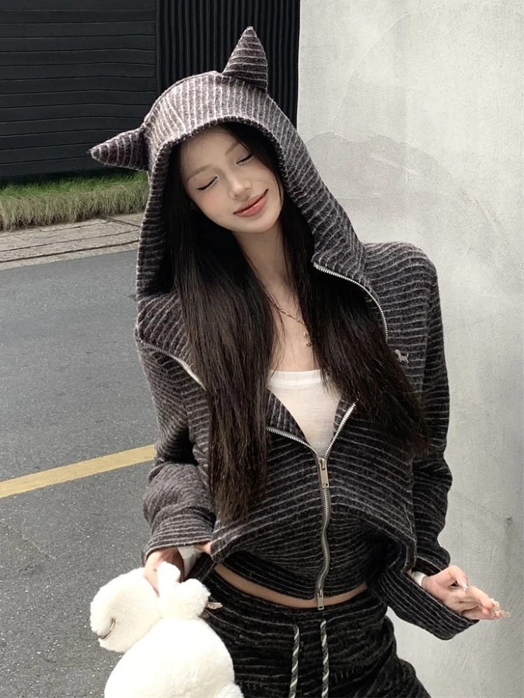 Conjuntos de pantalones ajustados Y2k de moda coreana para mujer, cárdigan con capucha de manga larga + Pantalones de cintura alta, traje informal elástico a rayas para otoño