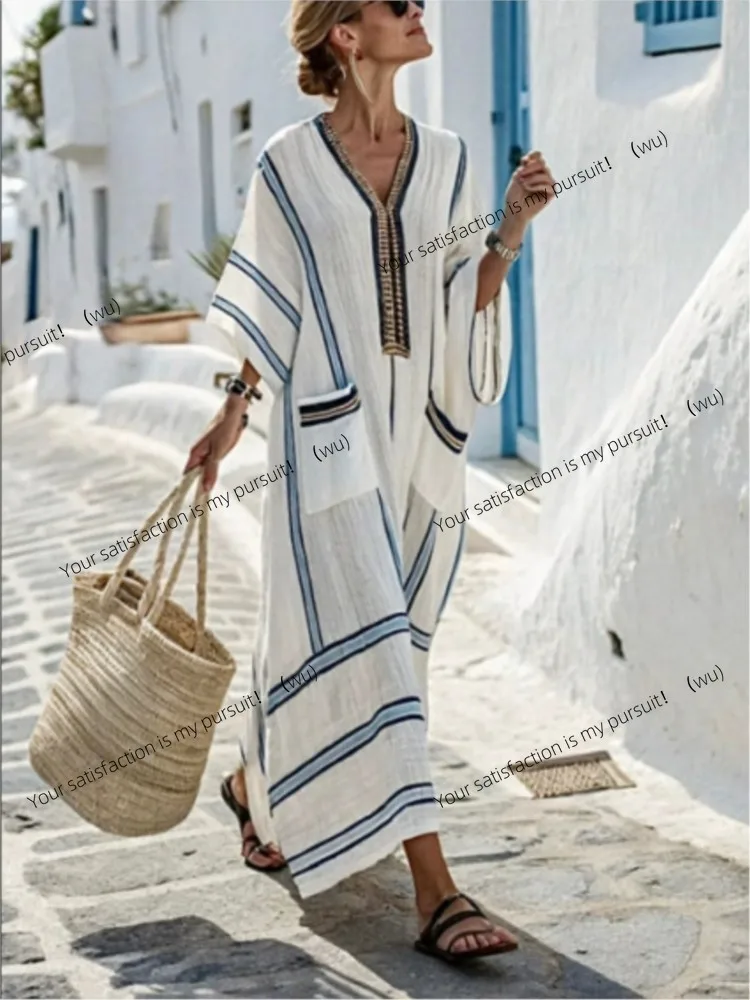 Neue Sommer Große-größe Gestreiften Druck Lange Große-speichen V-ausschnitt Kleid Modische Beiläufige Lose Elegante Tasche Kleid Frauen