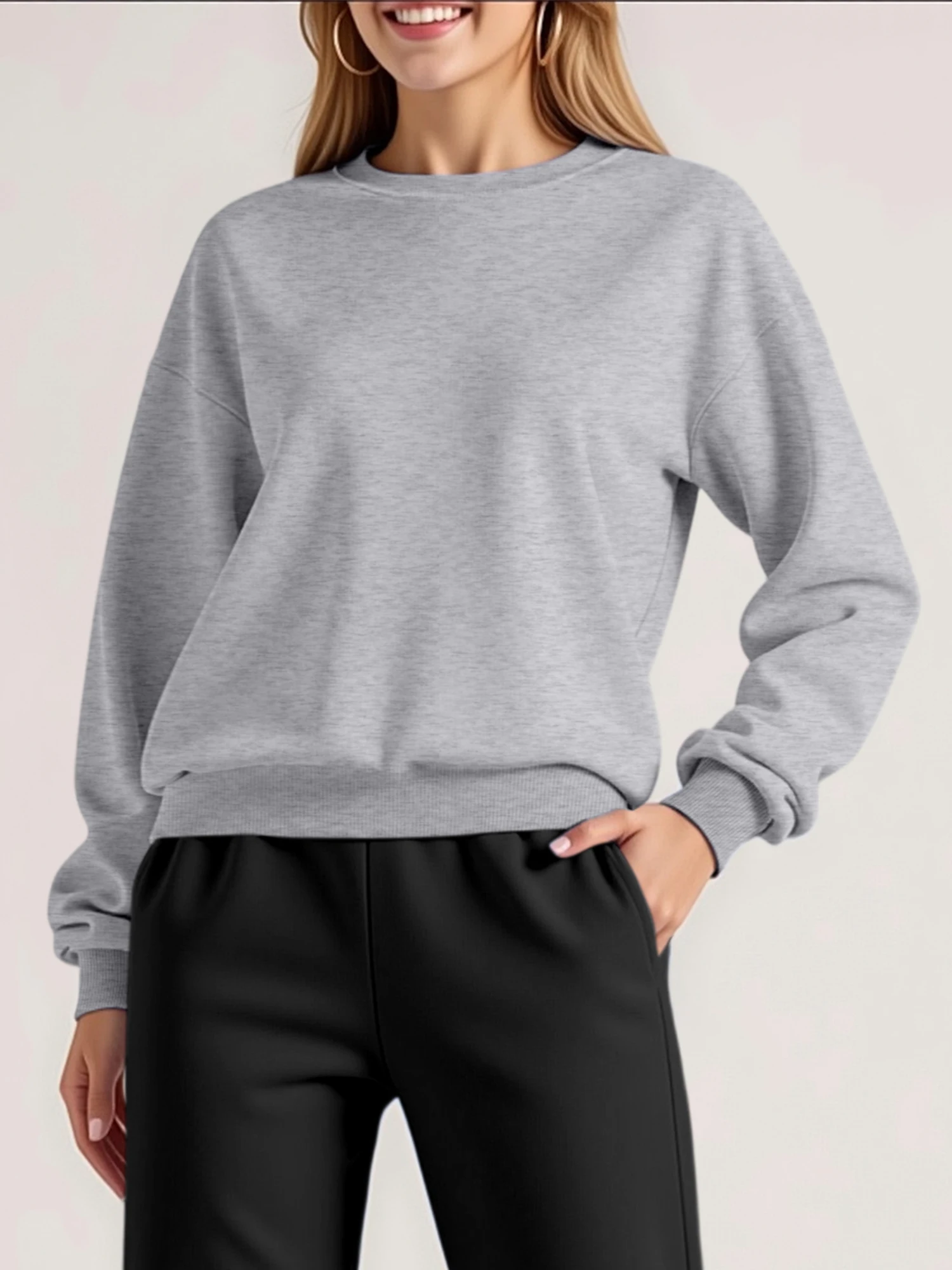 

Trendy Solid Color Oversized Sweatshirt, Women's Long Sleeve Crew Neck Pullover, Casual Comfy Top for Spring & Fall Outfits