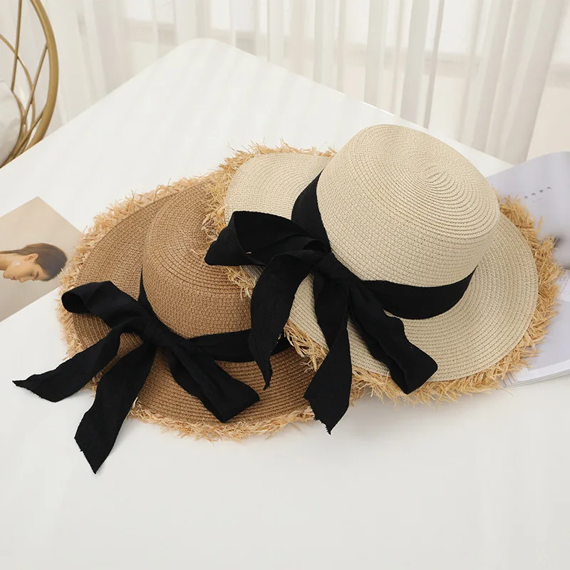 Sombrero de paja con lazo de encaje con borlas para mujer, sombrero de sol flexible informal, cinta protectora solar para playa, Verano